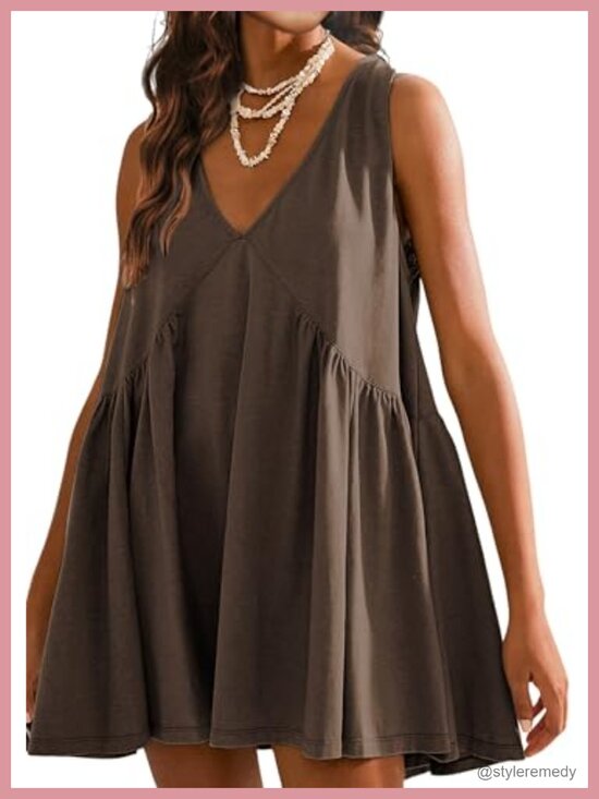 Dresses & Skirts - Sleeveless Mini Babydoll Dress with Pockets V-Neck Casual Sundress